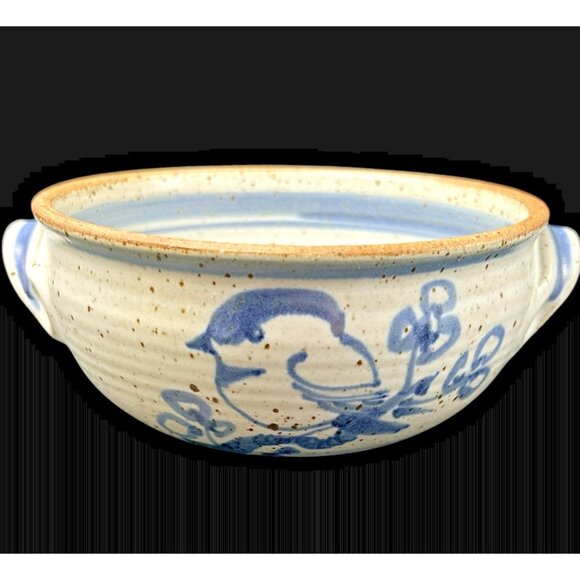 Salt Glaze Speckled Blue Bird Pottery Bowl Handled 6" Signed Handmade Turned - Picture 1 of 9